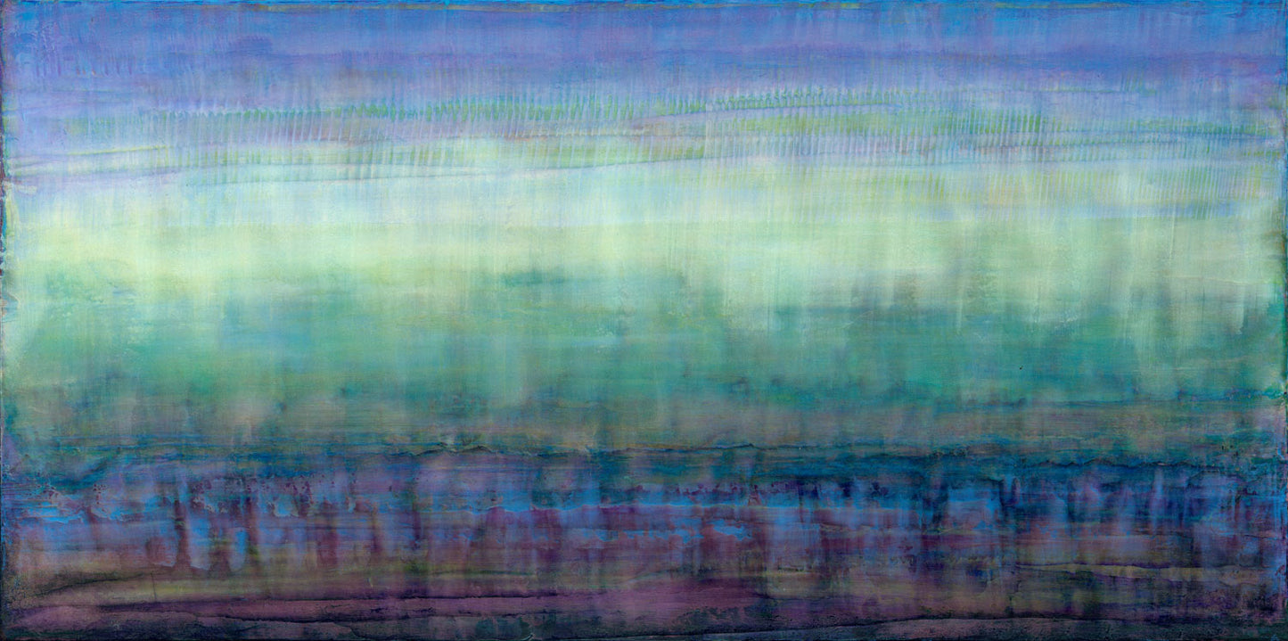 Soothing layered abstract art with pearlescent pigments in soft blues, purples, and greens on wood panel.