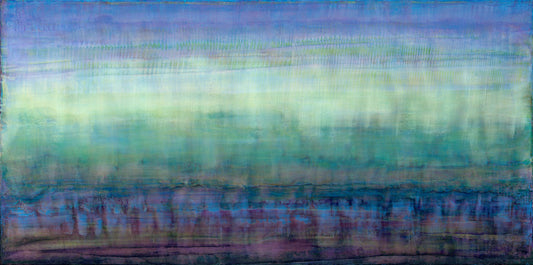 Soothing layered abstract art with pearlescent pigments in soft blues, purples, and greens on wood panel.