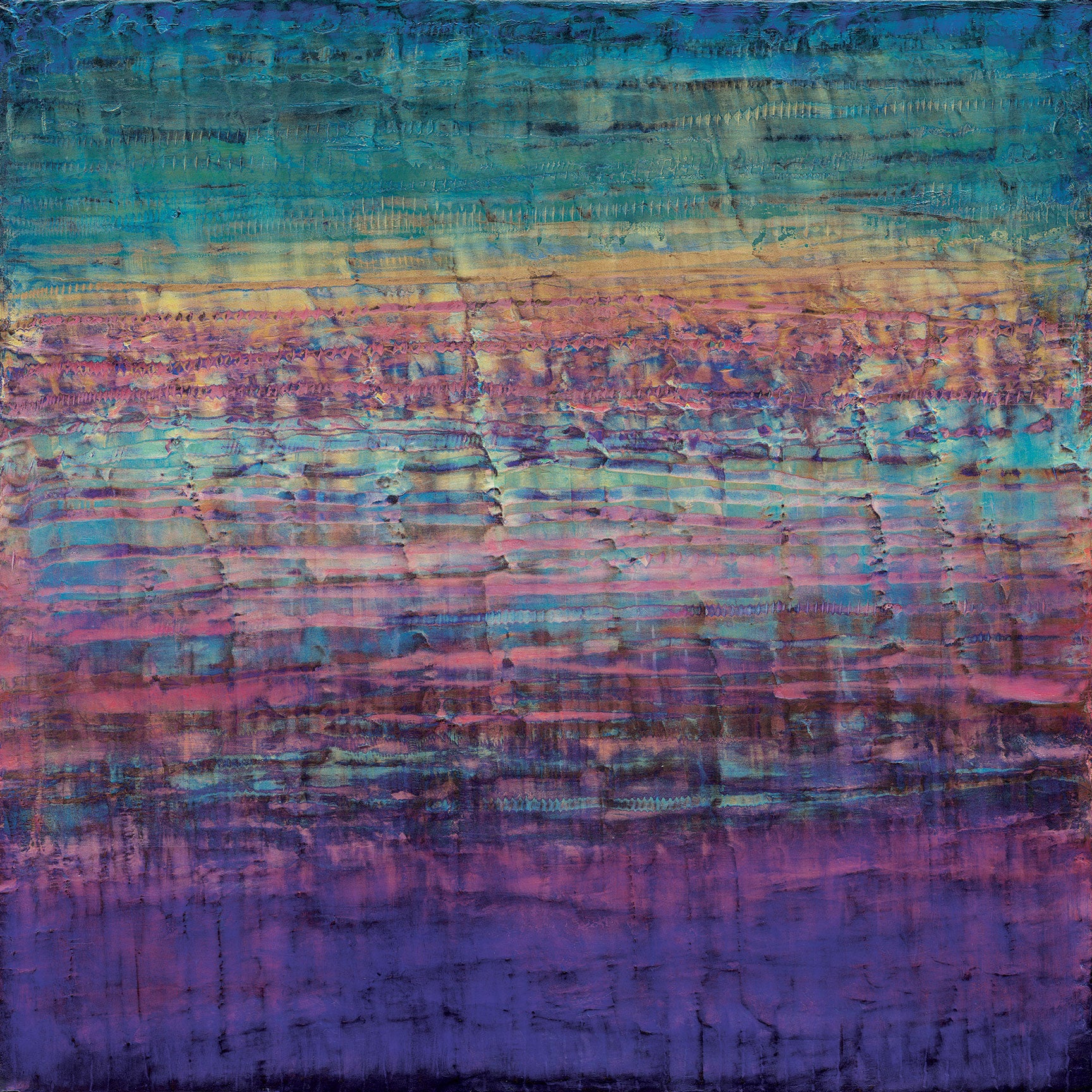 Abstract cold wax painting in vibrant layers of teal, gold, magenta, and violet on wood panel evoking a serene ocean horizon at sunset.