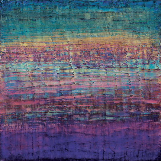 Abstract cold wax painting in vibrant layers of teal, gold, magenta, and violet on wood panel evoking a serene ocean horizon at sunset.