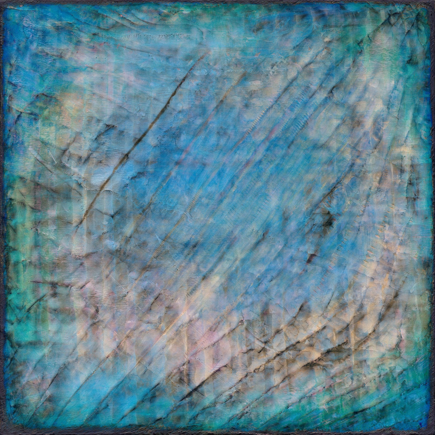Modern abstract cold wax painting in dreamy sea inspired colors - soft greens and blues.
