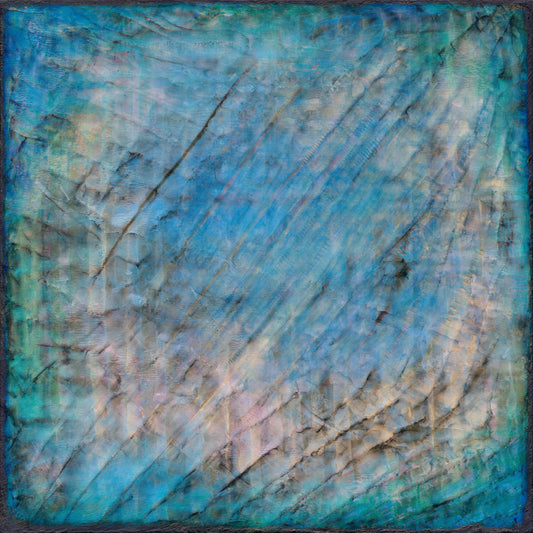 Modern abstract cold wax painting in dreamy sea inspired colors - soft greens and blues.