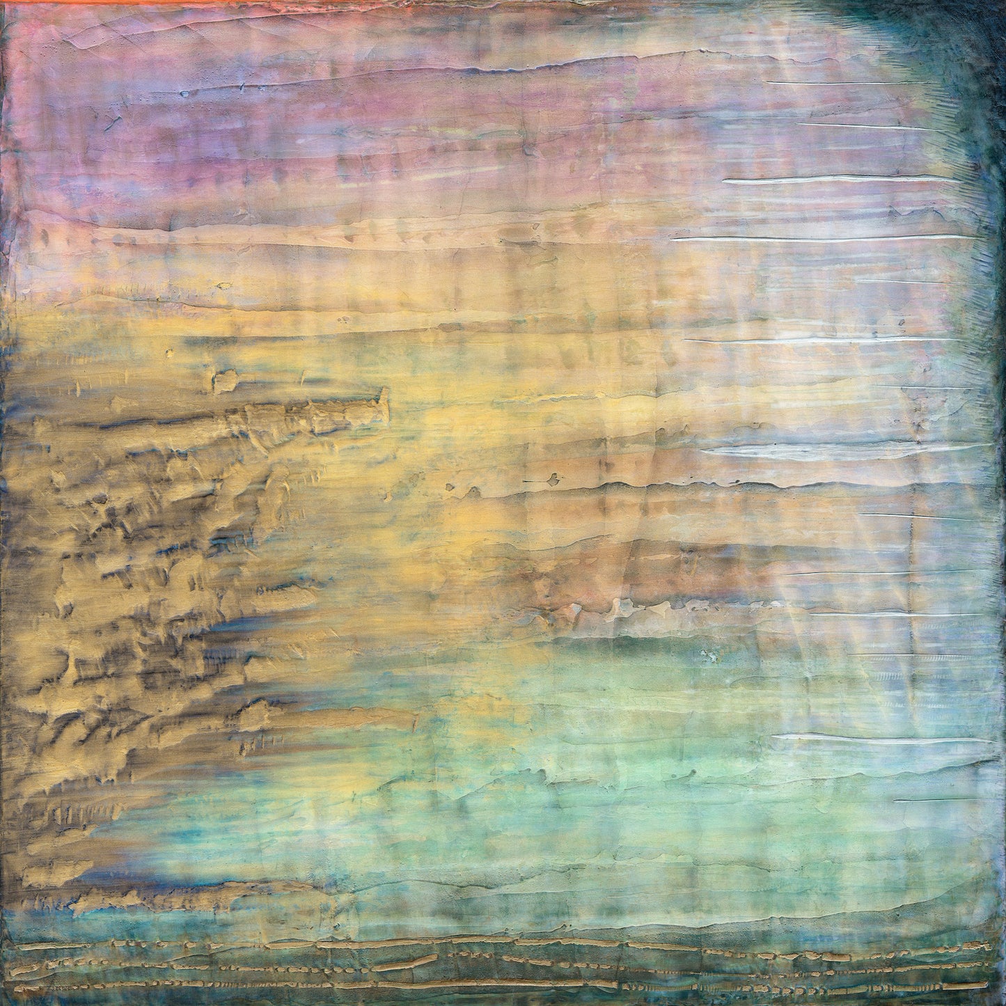 Giclee print of dreamy abstract painting in gold, green, and pale blue - inspired by a serene cove.