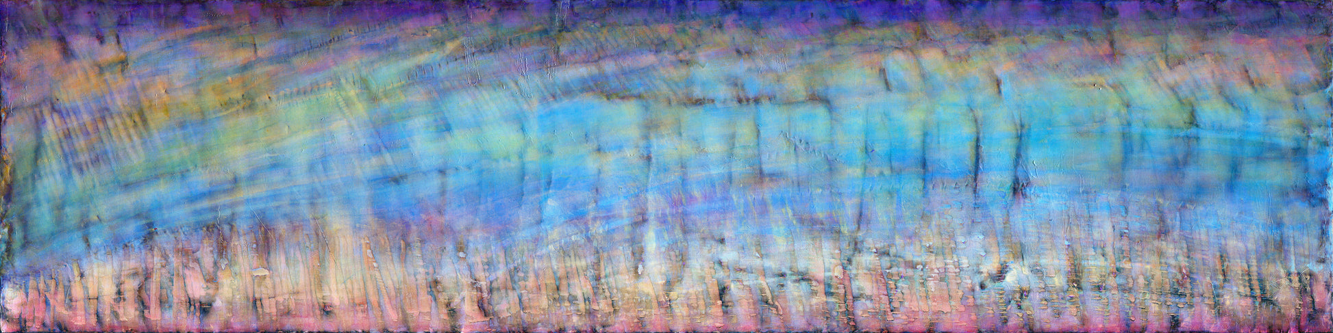 Abstract underwater-inspired painting with shimmering blue, teal, and coral tones created with cold wax, oil paint, and pearlescent pigments on wood panel.