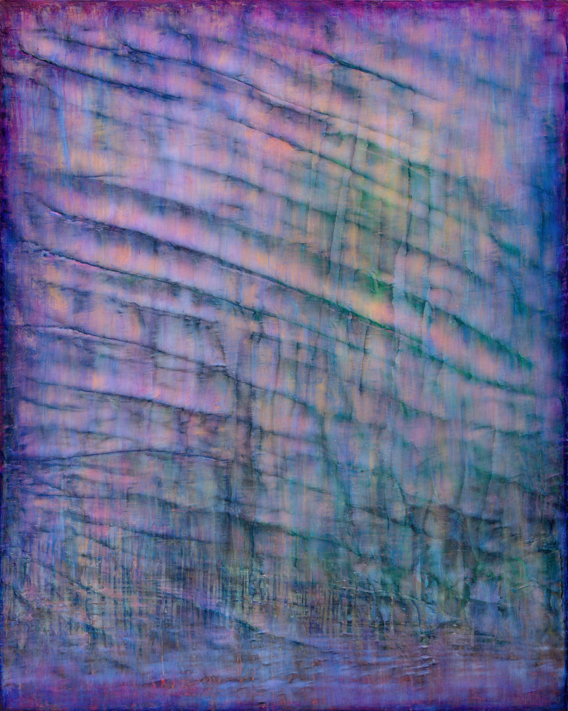 Vertical abstract cold wax painting in deep purples, soft greens, and indigo hues, with textured layers resembling underwater reflections.