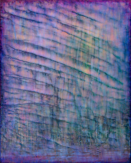 Vertical abstract cold wax painting in deep purples, soft greens, and indigo hues, with textured layers resembling underwater reflections.