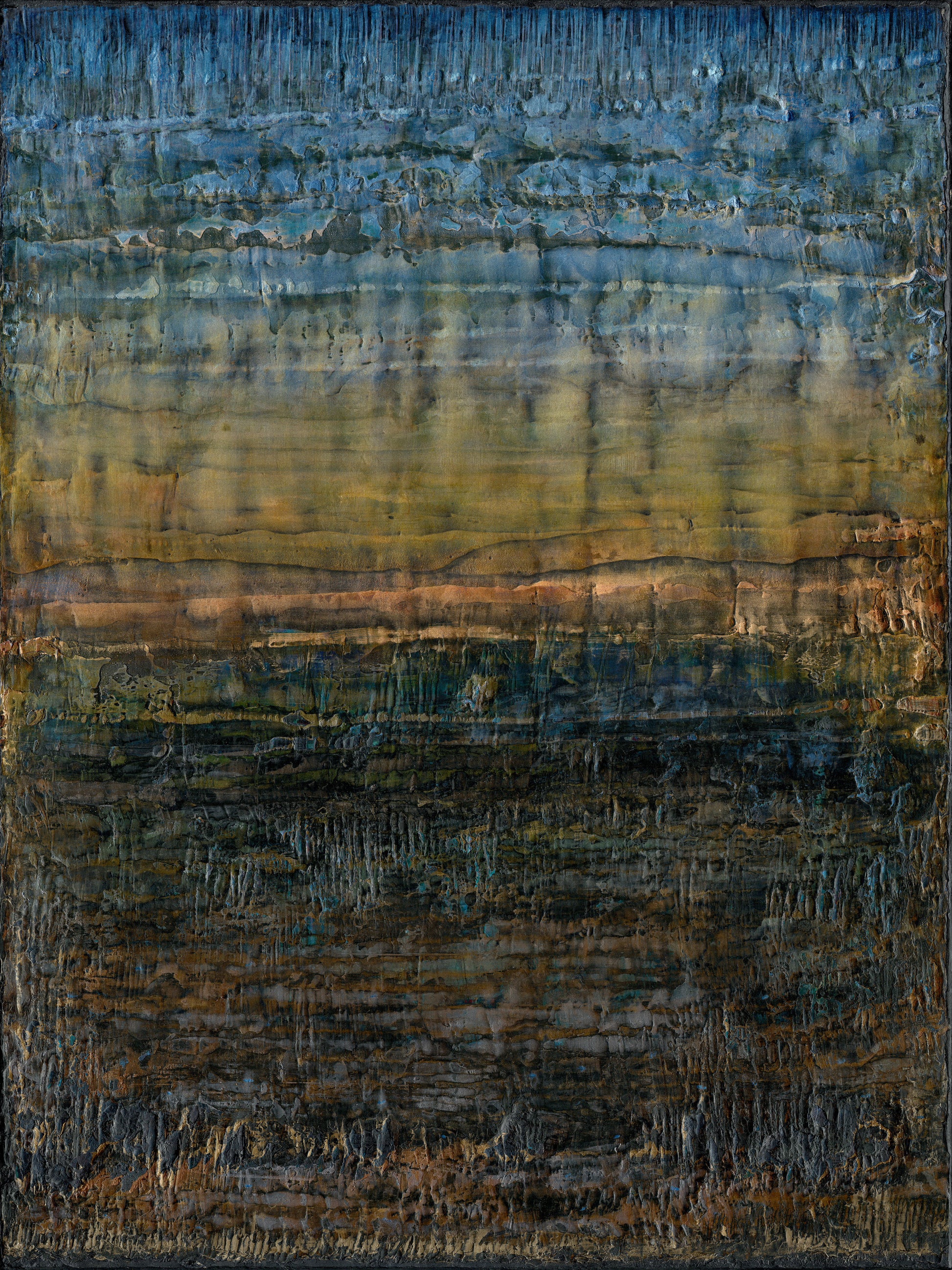 Cold wax painting in layered earth tones, with rugged texture on wood panel.