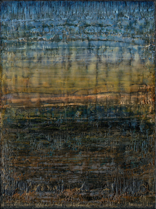 Cold wax painting in layered earth tones, with rugged texture on wood panel.