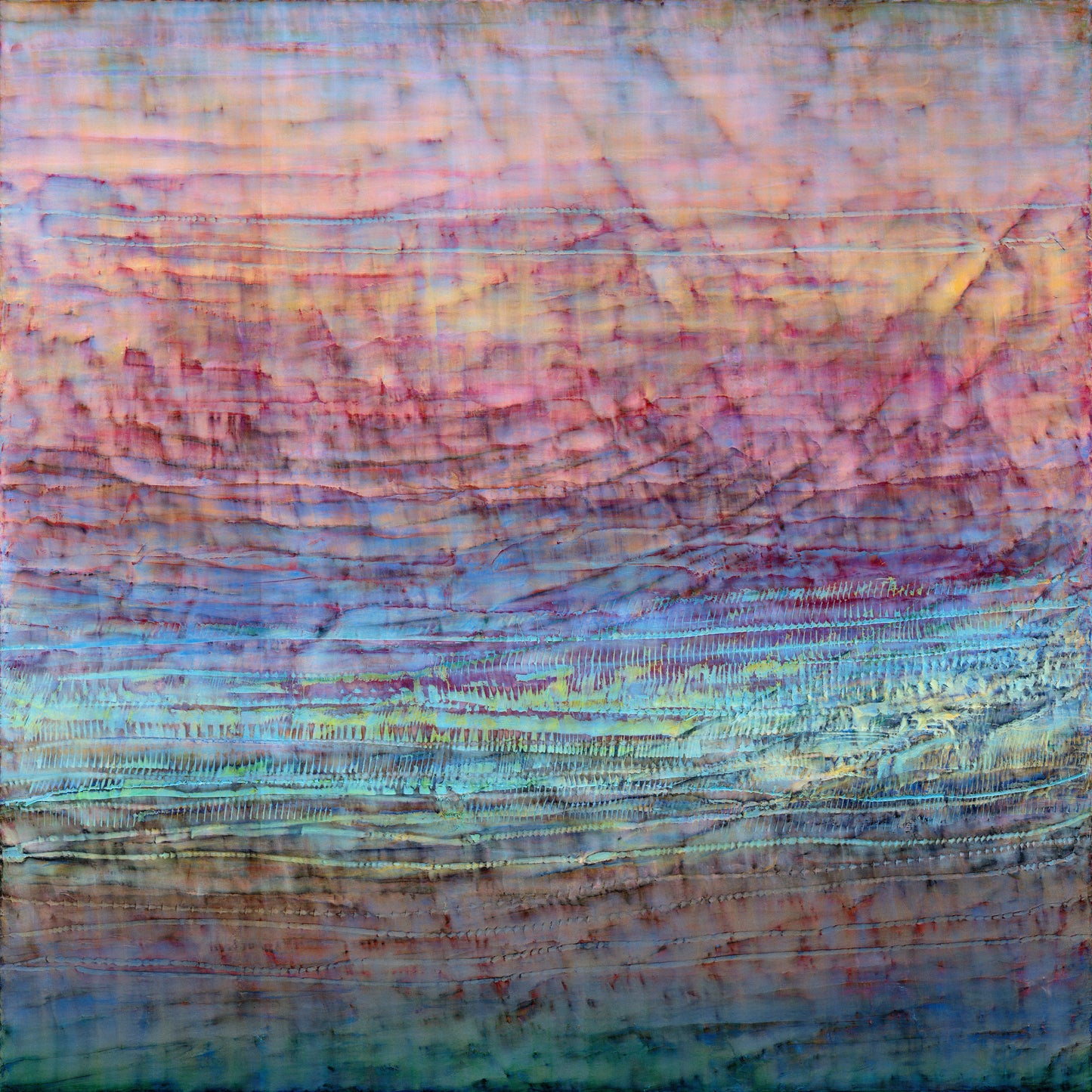 Giclee print of abstract art with soft earth tones and layered pinks and blues - inspired by nature and travel.