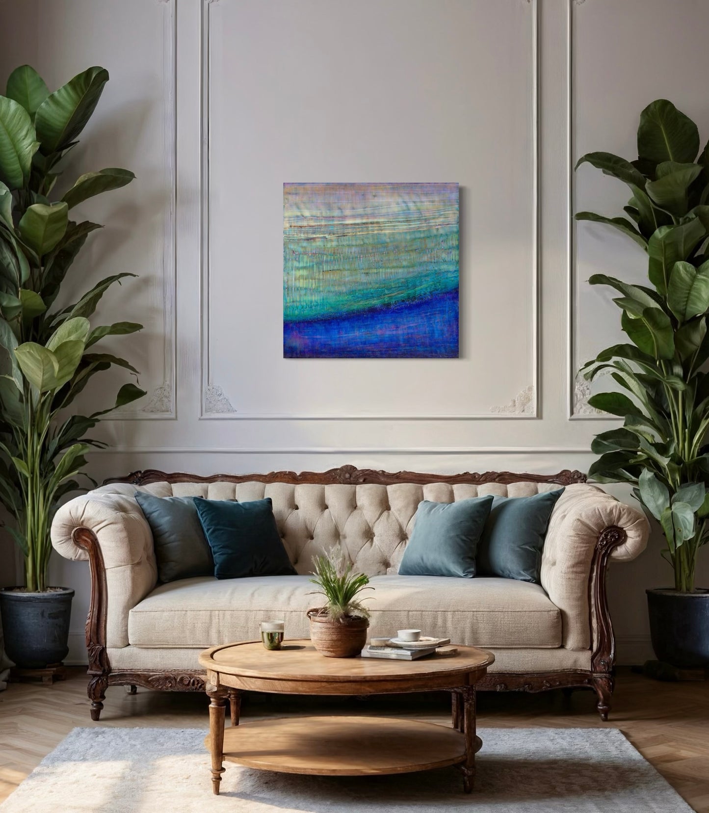 Abstract cold wax painting named Lovely Day displayed in a room with soft beige colors and lush foliage.