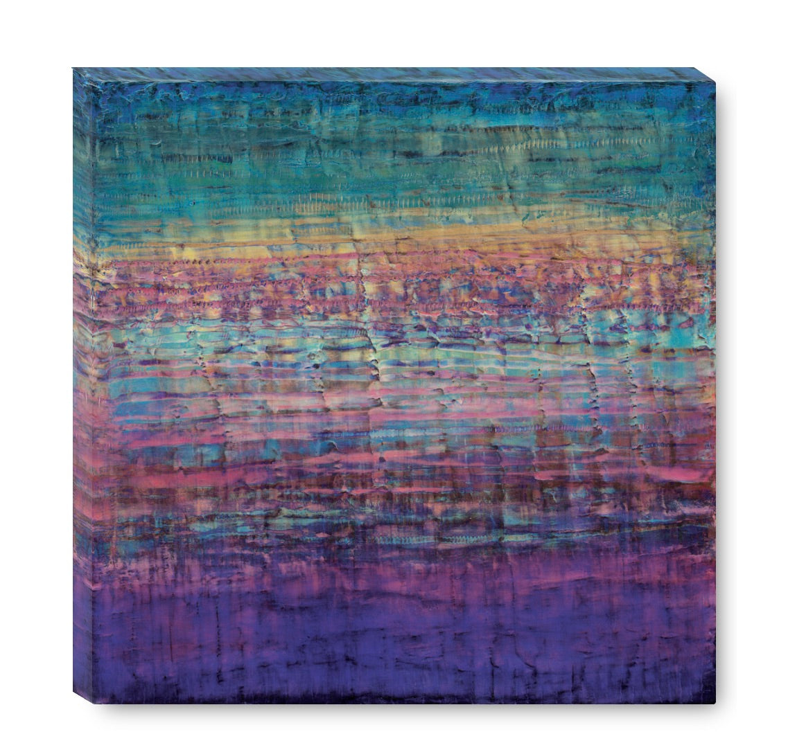 Satin canvas print of richly textured abstract art in jewel-toned layers of turquoise, purple, hold, and pink.