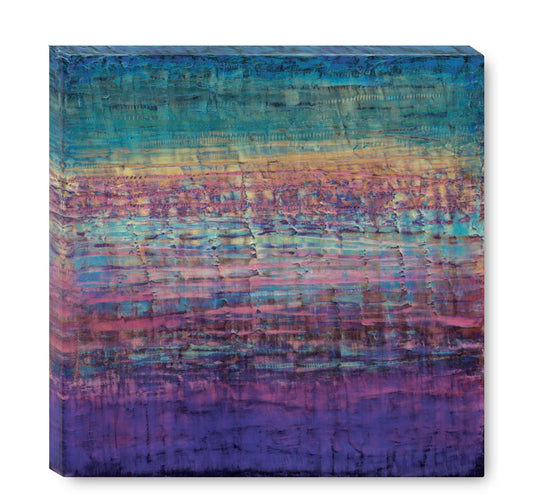 Satin canvas print of richly textured abstract art in jewel-toned layers of turquoise, purple, hold, and pink.