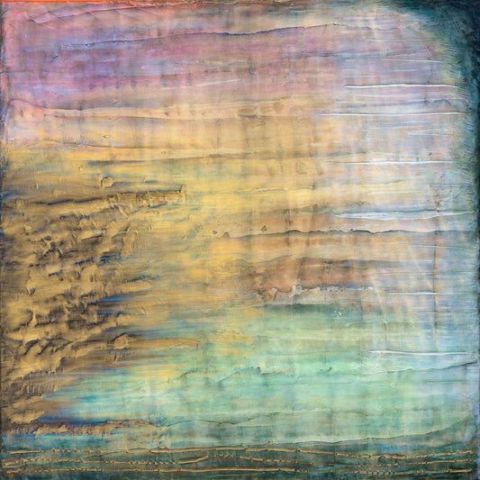 Abstract cold wax painting featuring warm golds, shades of green, and icy blue - rich in texture and depth.