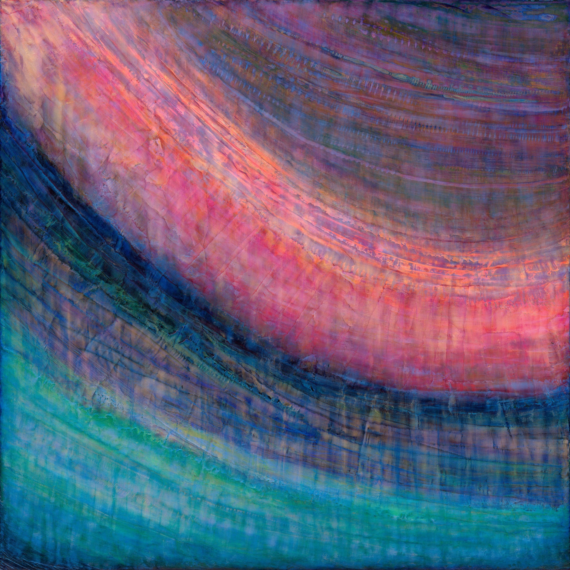 Contemporary abstract painting inspired by ocean swells and abalone shells.