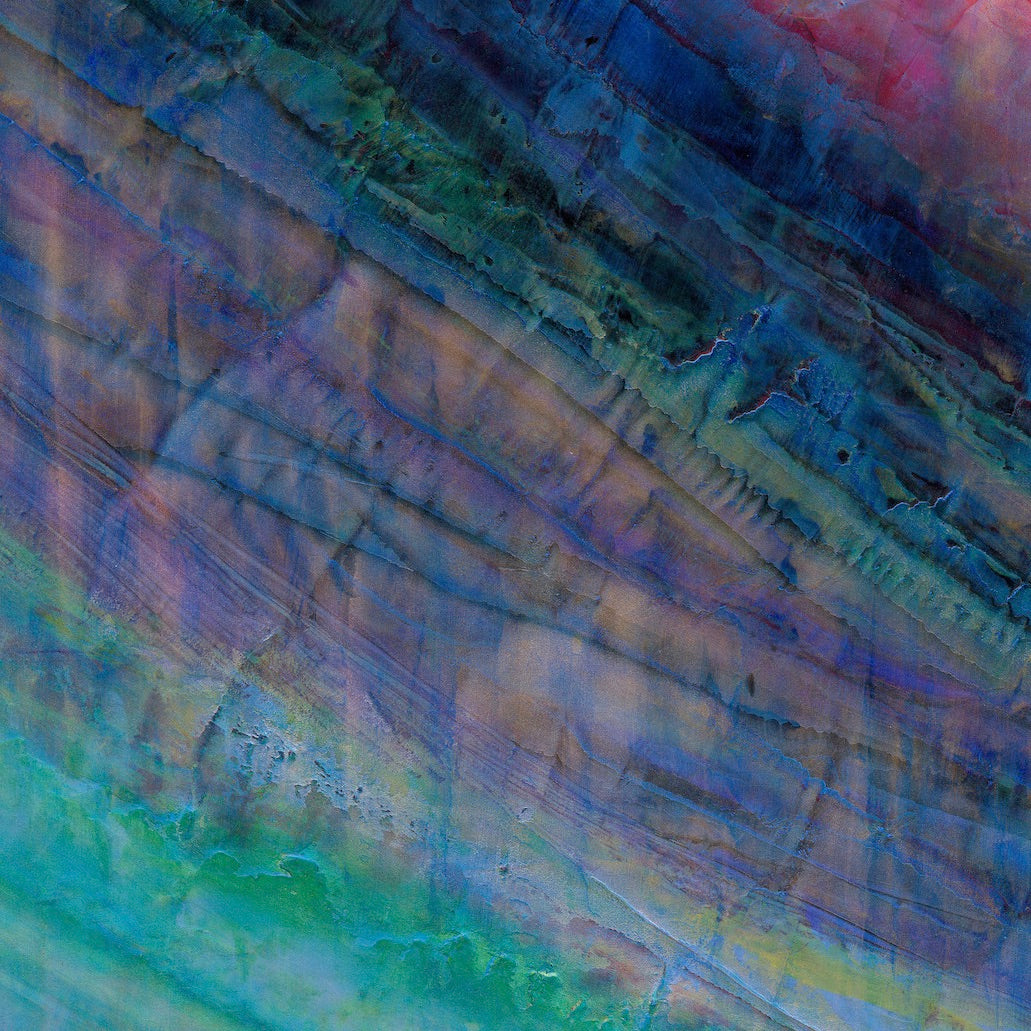 Detail shot of I'm Still in Love with You with greens, purples, and blues with gold highlights.