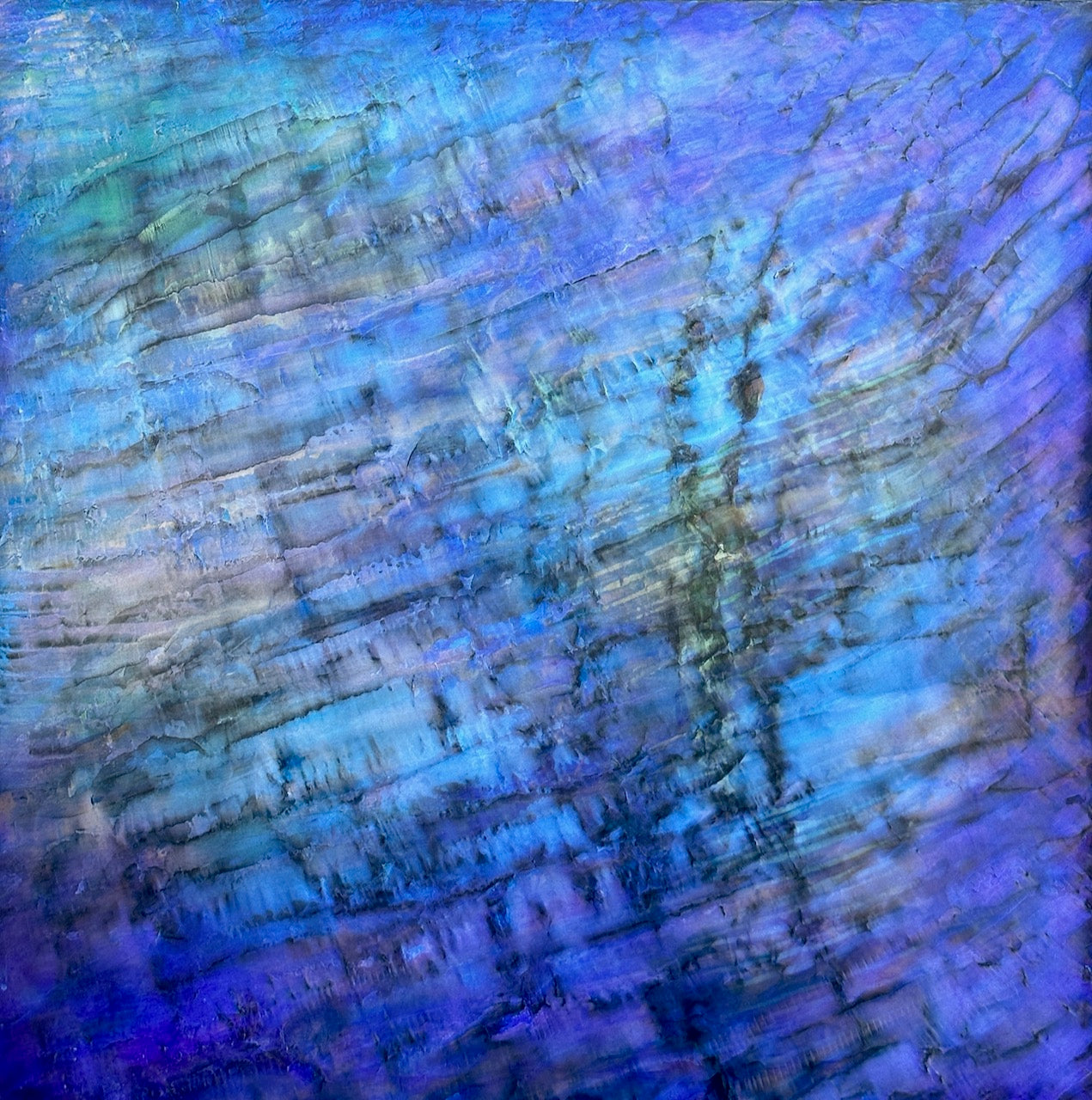 Abstract cold wax painting inspired by water and abalone, with layered blues and violets that shimmer like light reflecting beneath the sea.