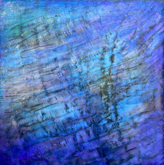 Abstract cold wax painting inspired by water and abalone, with layered blues and violets that shimmer like light reflecting beneath the sea.