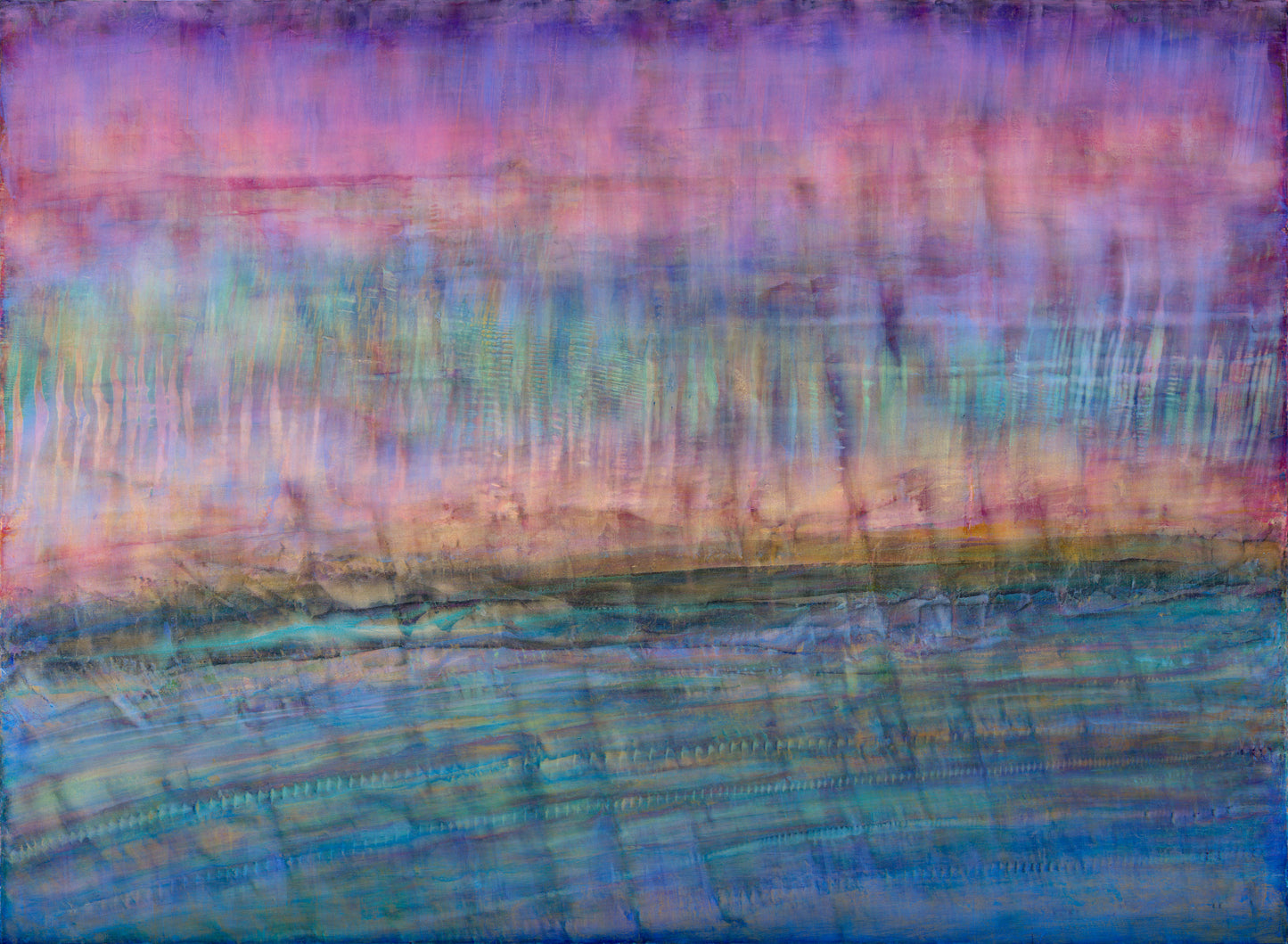 Contemporary abstract painting with golden highlights, layered texture, and turquoise details - inspired by the ocean.